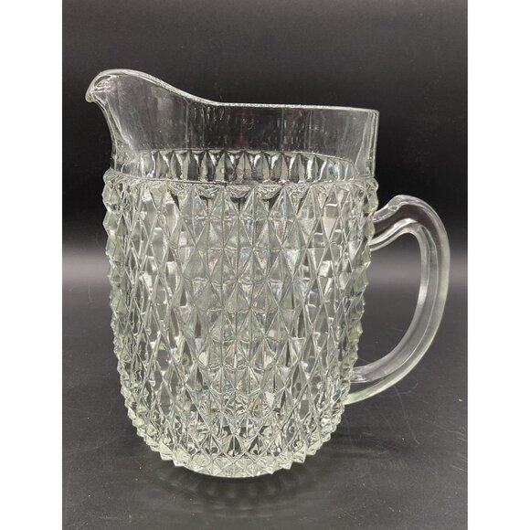Vintage Indiana Glass Diamond Point Clear Pressed Glass Pitcher & 7 Tumbler Set - Picture 2 of 9